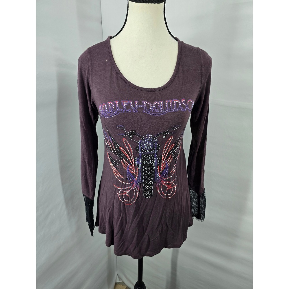 Harley-Davidson Womens XS Plum Rhinestone Lace Up Back Long Sleeve Top HDW0916